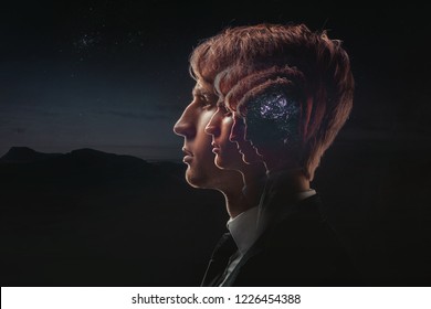 Profile of a young man with mental activity brain and consciousness, with the cosmos as a brain. The scientific concept. The brain and creativity