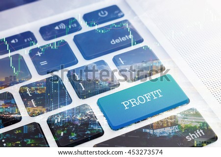 PROFIT : Green button keyboard computer. Double Exposure Effects. Digital Business and Technology Concept.