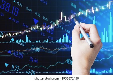 Profit increase and analytics concept with man hand writing on touch screen with growing financial chart graphs and quotes