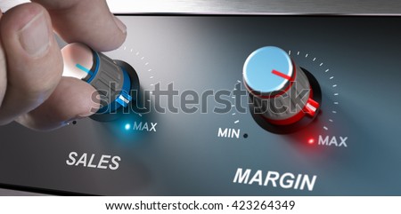 Profitable business concept, sales and margin improvement. Compositing between a hand and 3d background.