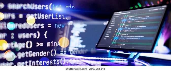Program code on a computer monitor with fiber optic background. Internet and technology concept.