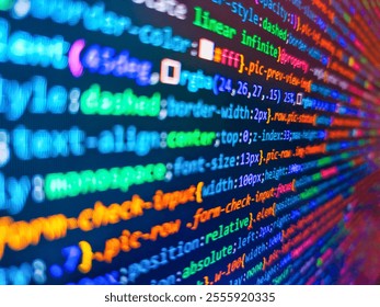 Program code on a monitor. Pixelated data stream, red and blue dots on digital interface, binary code encryption concept. Financial trading concept. Blocks of binary data. Web dewelopment.
