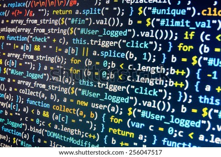 Program source code on monitor screen. Blue color.