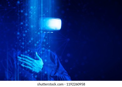 programer hacker man with vitual reality goggles device connect to network with web online graphic hologram, guy gamer,  ai server, VR headset, science of technology, 3d world, digital lifestyle tech