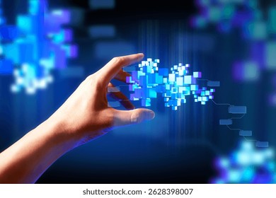 programer people or businessman hand touching interactive to hologram of network technology computer online system, business and finance application