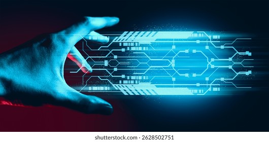 programer people or businessman hand touching interactive to hologram of network technology computer online system, business and finance application