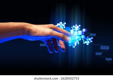 programer people or businessman hand touching interactive to hologram of network technology computer online system, business and finance application