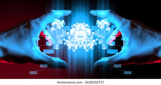 programer people or businessman hand touching interactive to hologram of network technology computer online system, business and finance application