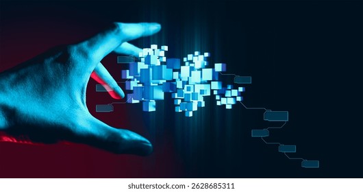 programer people or businessman hand touching interactive to hologram of network technology computer online system, business and finance application