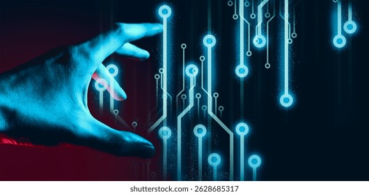 programer people or businessman hand touching interactive to hologram of network technology computer online system, business and finance application