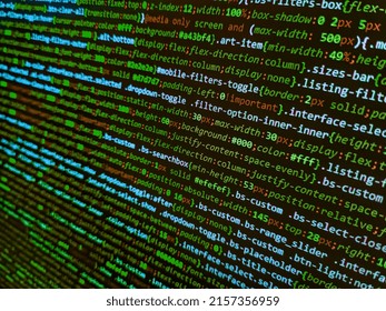 Programing Workflow Abstract Algorithm Concept. Database Bits Access Stream Visualisation. Screen Of Web Developing Code On Dark Background