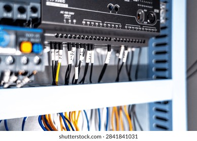 Programmable logic controller (plc) with connected wires in an industrial control panel