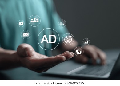 Programmatic advertising concept. Person using laptop with advertising icon. planning advertising marketing strategies to target social media native, ad, advertisers, sales, marketing digital