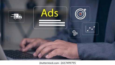 Programmatic advertising concept. Person using laptop with advertising icon. planning advertising marketing strategies to target social media native, ad, advertisers, sales, marketing digital
