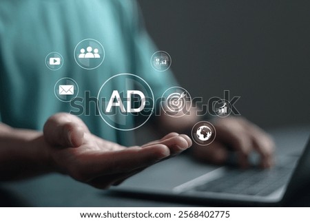 Programmatic advertising concept. Person using laptop with advertising icon. planning advertising marketing strategies to target social media native, ad, advertisers, sales, marketing digital
