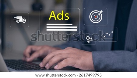 Programmatic advertising concept. Person using laptop with advertising icon. planning advertising marketing strategies to target social media native, ad, advertisers, sales, marketing digital