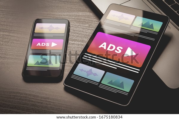 Programmatic\
Advertising concept. Youtube Online native targeting ads marketing\
strategy. Inbound Advertising media banner block when viewing a\
site on a mobile phone and tablet pc\
screens