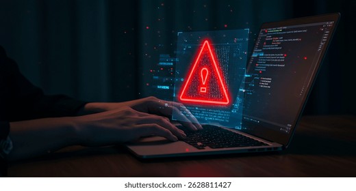 A programmer battles cyber threats as a neon warning sign glows on their laptop, illuminating lines of code in a tense digital environment.