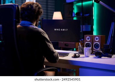 Programmer being asked existential questions by awaken AI gaining consciousness, emulating humans and passing turing test. Man communicating with artificial intelligence becoming self aware