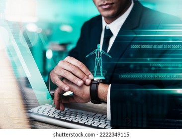 Programmer, Biometric Health Software And Smart Watch, AI Technology And Cyber Management, Human Body Hologram And Digital Transformation, Data Science And Code. Businessman Cloud Computing Media App