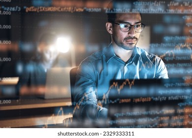 Programmer, code and man with focus, holographic and digital software with cyber security, future and trading. Male person, investor and employee with research, night and investment with stock market