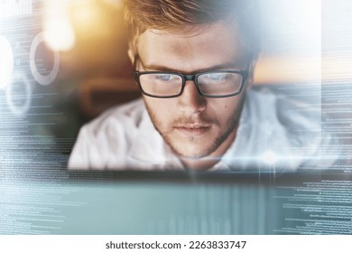 Programmer, code and man with hologram, cyber security and data analysis for communications, futuristic and focus. Male, employee and coder with holographic, futuristic and research for stock market