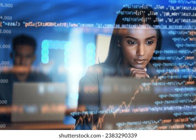Programmer, code and woman with focus, holographic and digital software with cyber security, futuristic and coding. Female person, coder and employee with data analysis, research and concentration