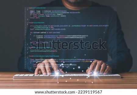 programmer coding, compiler, encode, debug, and developer application software for business corporate with laptop computer. Man programming coding web app from work at home, code show screen virtual