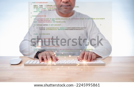 programmer coding, compiler, encode, debug, and developer application software for business corporate with laptop computer. Man programming coding web app from work at home, code show screen monitor