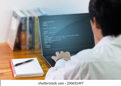Programmer coding in the computer.