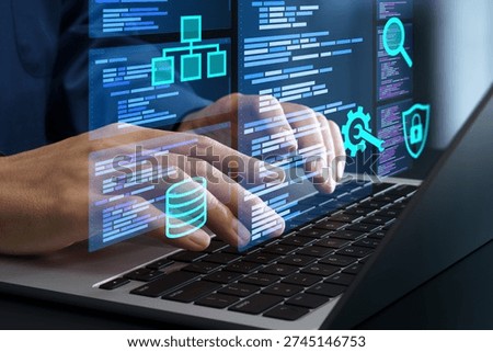 Programmer coding and developing software. Man using with laptop computer to write source code.