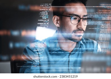 Programmer, coding and man with focus, hologram and data analytics with cyber security, futuristic and stock market. Male person, coder or programming with innovation, research or finance information - Powered by Shutterstock