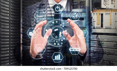 Programmer in data center hold the icon control for network security