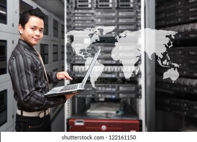 Programmer in data center room