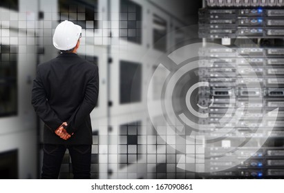 Programmer in data center room