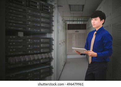 Programmer in data center room