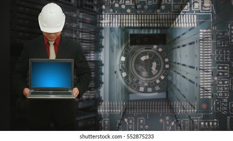 Programmer in data center room