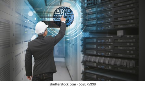 Programmer in data center room