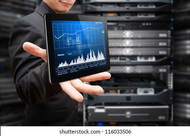 Programmer in data center room with graph monitor system