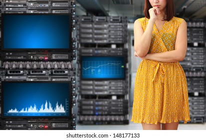 Programmer in data center room with graph report 