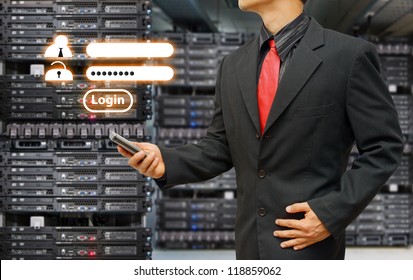 Programmer in data center room and Login screen activated for security
