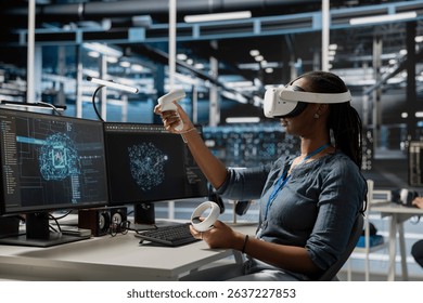 Programmer in data center wearing VR headset using AI powered tech to run simulations. IT expert using virtual reality, coding algorithms to extract insights from data and automate rigs