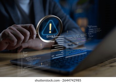Programmer debugging error code with magnifying glass and warning symbol, ideal for illustrating software issues, bug fixing, code review and development troubleshooting concepts. - Powered by Shutterstock - Get 15% off with code: PIKWIZARD15