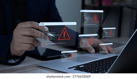 Programmer detecting multiple bugs and system errors in software source code. Concept of code vulnerability scanning, cyber security threat, and troubleshooting on laptop.