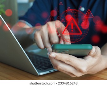 Programmer Developer Officer, Receiving On Smartphone Triangle Warning Sign For Working Error Alert, Virus, Spam