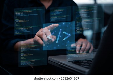 Programmer or developer working on laptop, with virtual screens displaying programming code and a coding icon. software engineering development web and intricate process of creating digital solutions.