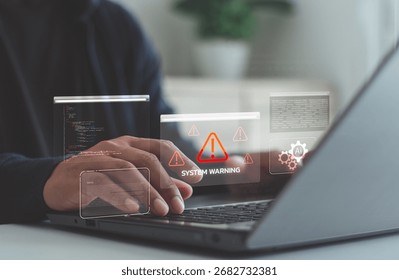Programmer encountering system warning on laptop screen with digital code and AI interface. Concept of cybersecurity threat, software error, data breach and coding system failure.