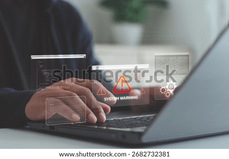 Programmer encountering system warning on laptop screen with digital code and AI interface. Concept of cybersecurity threat, software error, data breach and coding system failure.