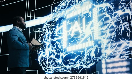 Programmer enforces artificial intelligence neural network agent guardrails, AI governance concept, african american man limiting AI autonomy, providing human oversight to algorithmic system, camera A
