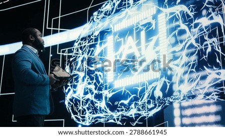 Programmer enforces artificial intelligence neural network agent guardrails, AI governance concept, african american man limiting AI autonomy, providing human oversight to algorithmic system, camera A